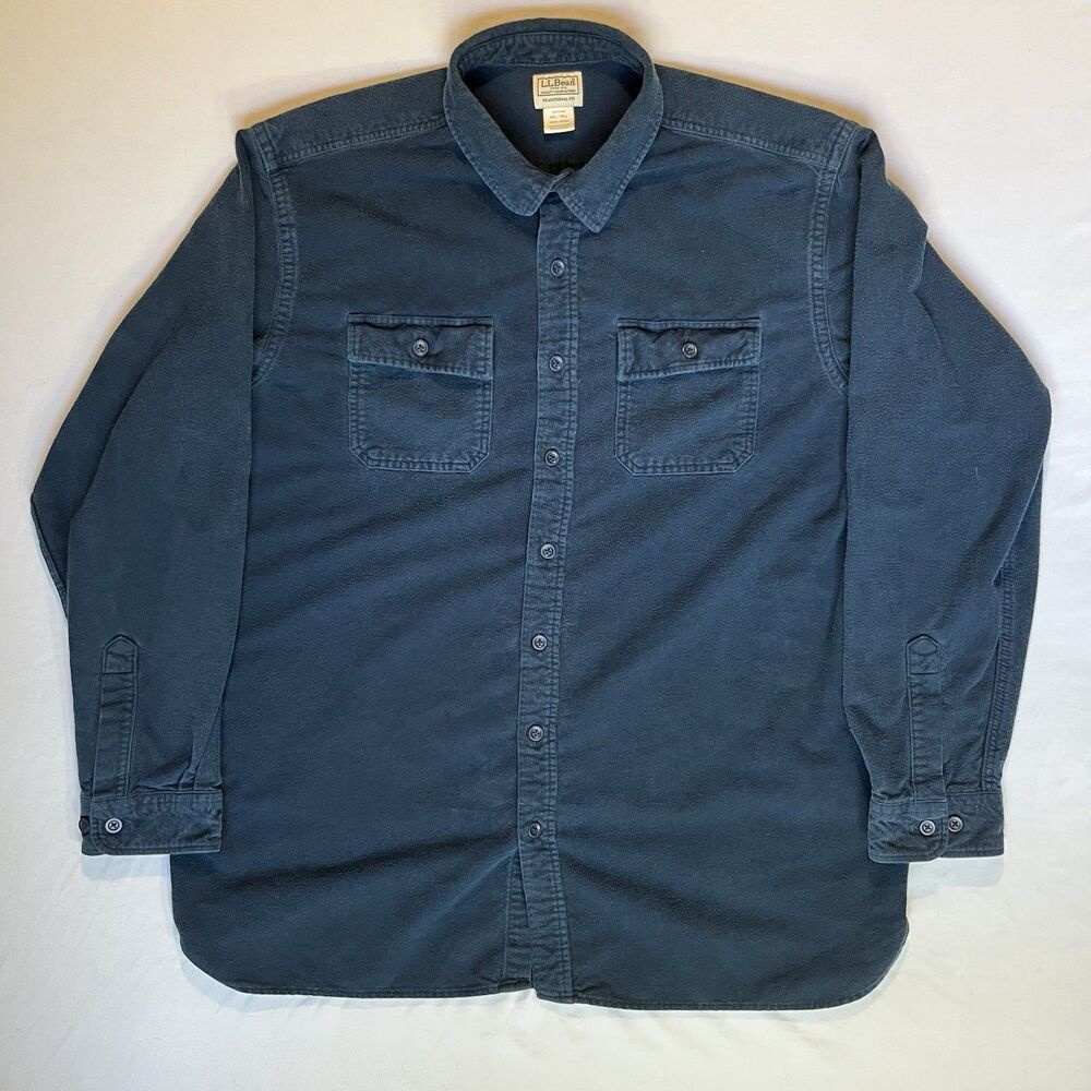 LL Bean Shirt Men XXL Tall Blue Chamois Cloth Flannel Button Down Heritage